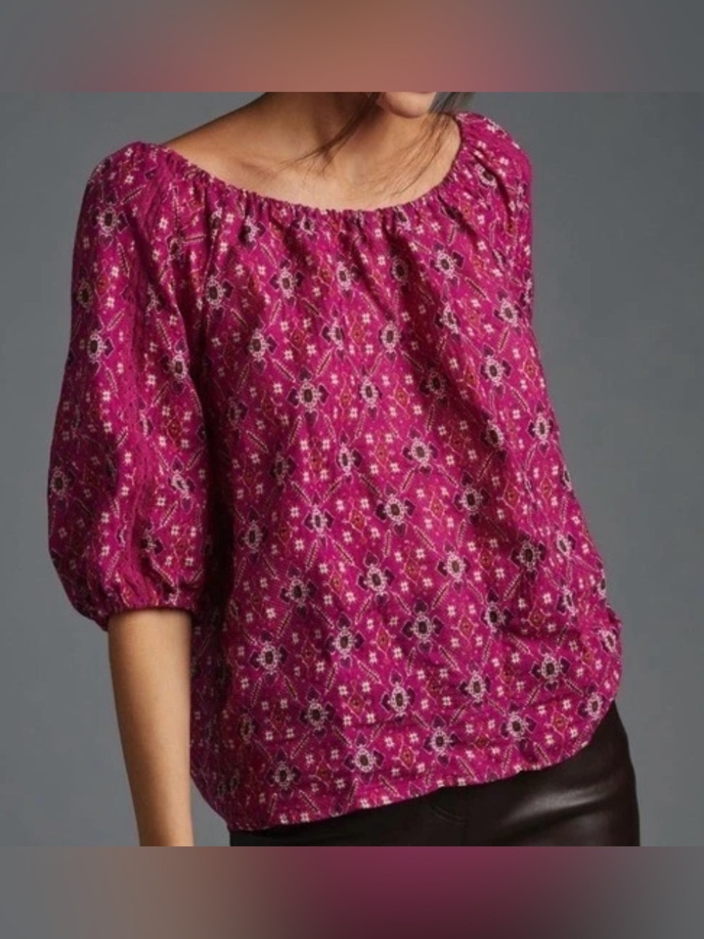 Anthropologie Magenta and Purple Printed Off-Shoulder Blouse - Size L